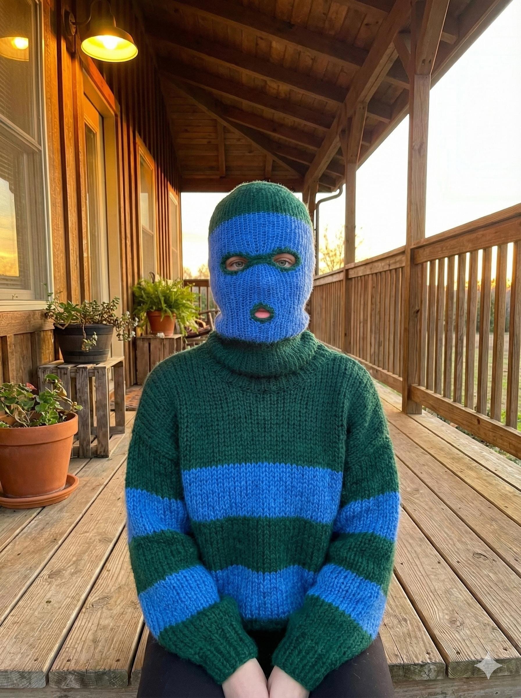 Balaclava Ski Mask Hunter Blue/Green 3 hole Alpaca Si