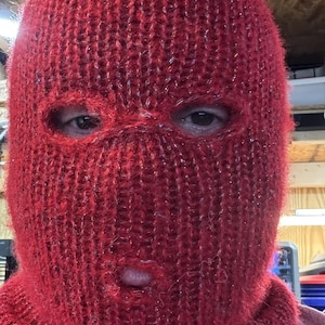 Ski Mask Balaclava 3 Hole Red Shiny Yarn Mohair Blend