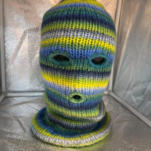 Ski Mask Balaclava Green/Blue/Yellow Striped 3 Hole Alpaca Winter Hat