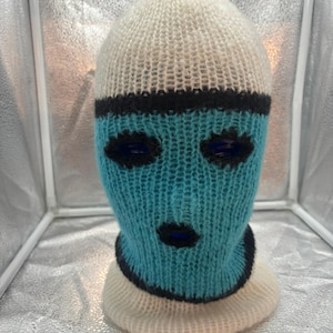 Balaclava Ski Mask Black White Black Teal 3 Hole Mohair Blend Winter Hat