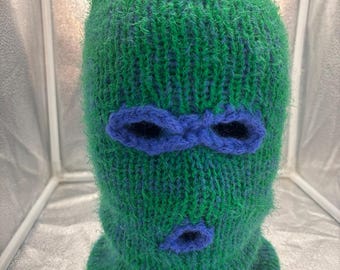 Balaclava Ski Mask 3 Hole Green/Blue Winter Hat Wool/Alpaca Blend