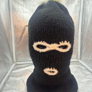 Balaclava Ski Mask Black/White 3 Hole Mohair Blend Winter Hat Removable Pom Pom