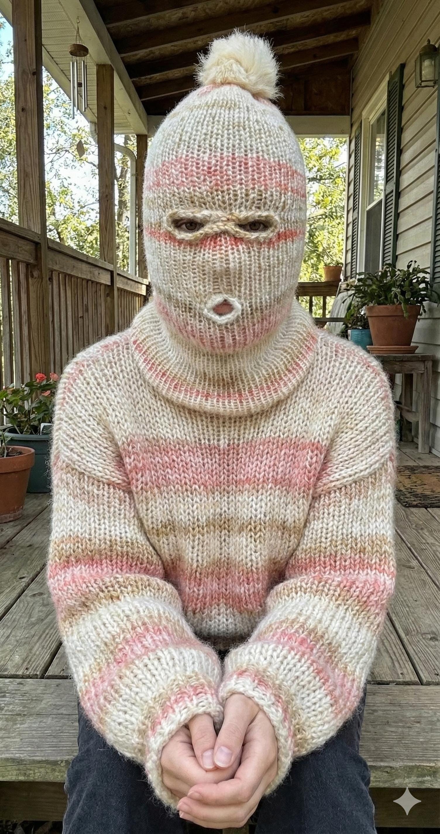 Mohair Blend Knit Ski Mask: 3-hole Balaclava With Pom Pom - Etsy