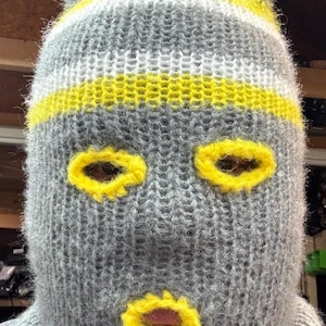 Ski Mask Balaclava Gray Yellow White 3 Hole Double Layer Warm Winter Hat Mohair Blend Tall Top