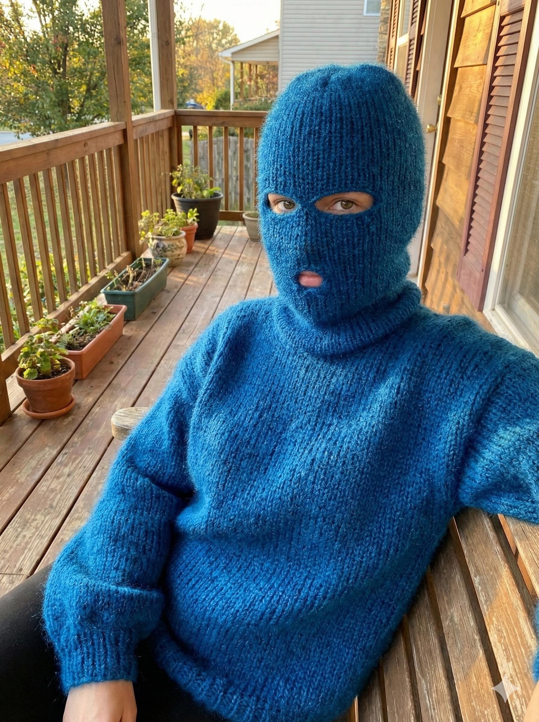 Balaclava Ski Mask Blue Double Layer Winter Hat Hand Made Skiing