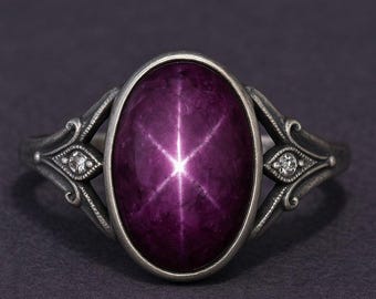 Anello vintage con rubino a stella: gioielli celestiali in argento sterling 925