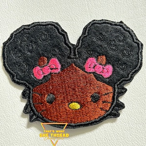 Natural Hair Brown Kitty w/ Bows Embroidered Patch, 3.5 in, kids patch for crocs, black history, affirmations, melanin, black girl, locs