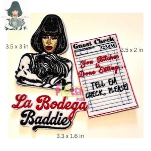 May include: Embroidered patches featuring a portrait of a woman with black hair and red lipstick, a black and white swirl design, a receipt with text, and the words "La Bodega Baddie." The patches measure approximately 3.5 x 3 inches, 3.5 x 2 inches, and 3.3 x 1.6 inches.