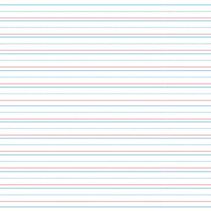 以下が含まれることがあります： 赤と青の水平線が入った白い筆記用紙。上と下の線は赤、中央の線は青、中央の線は破線です。この用紙は、手書きの練習用に設計されています。