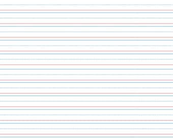 May include: White writing paper with horizontal lines in red and blue. The top and bottom lines are red, the middle lines are blue, and the center line is a dashed blue line. The paper is designed for handwriting practice.