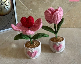 Handmade Crochet Tulip Heart Flower Pot, Valentine's Creative Present, Anniversary, Mother's Day, Birthday Present, Love Unique Gift for Her