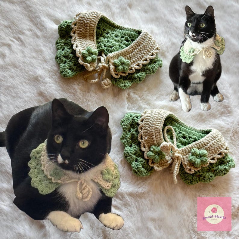 May include: Crocheted cat collars in green and beige, featuring a floral design. The collars are displayed with black and white cats. The collars have a scalloped edge and a tie closure. The collars are handmade.