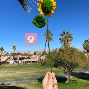 May include: A crocheted sunflower with a green center and yellow petals. The sunflower is on a green stem and has a green leaf.