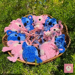 Puede incluir: Una cesta de mimbre llena de koalas y criaturas alien&iacute;genas de peluche hechos a mano en tonos rosa y azul. Los peluches tienen ojos negros y est&aacute;n colocados sobre papel rosa. La cesta est&aacute; sobre hierba verde.