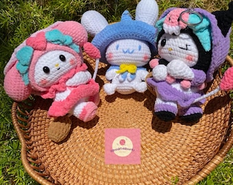 Peluche de Halloween hecho a mano con ganchillo de Sanrio: My Melody, Kuromi y Cinnamoroll. Juguete de peluche, peluches lindos y hermosos, amigurumi para bebés.