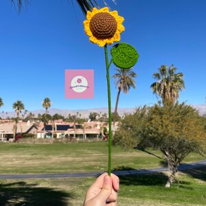 May include: A crocheted sunflower with a brown center and yellow petals, a green leaf, and a green stem. The sunflower is held in a hand against a background of a blue sky and green grass.