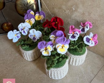 Handmade Crochet Colorful Pansy Flower Pot, Valentine's, Birthday Present, Anniversary, Mother's Day, Gift for Her