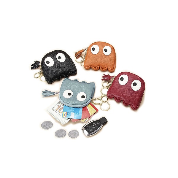 Big Eyes Pac-Man Octopus Design Genuine Leather Coin Purse Available in Claret Red, Blue, Black and Brown.