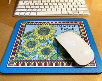 Sunflower Mousepad Ukraine Fundraiser - Imagine Peace, Colorful 8” x 9.5” Fabric Top, Thick Non-skid Rubber Back – Dress-up Your Desktop!