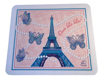 Paris Mousepad Eiffel Tower Butterflies Pearls & Lace, Vibrant Color 8” x 9.5” Fabric Top, Thick Non-skid Back – Dress-up Your Desktop!