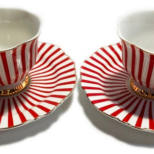 Bone China Espresso Cup Set: Red White Stripe, Gold Accent (Set of 2)