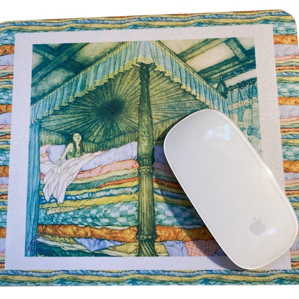 Mousepad Princess & the Pea Fairy-tale, Colorful 8”x 9.5” Fabric Top, Thick Non-skid Rubber Back – Dress-up Your Desktop! Makes a great gift