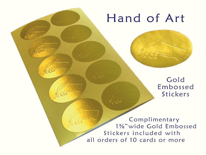 May include: Gold embossed oval stickers with a hand holding a pen design. The text "Hand of Art" and "Gold Embossed Stickers" are visible. Each sticker is approximately 3.5 cm wide.