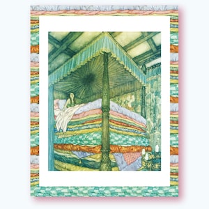 May include: An illustrated print depicting a fairytale scene. A woman lies in a bed stacked with colourful mattresses under a canopy. The print is framed with a decorative border of stacked pillows in various colours.
