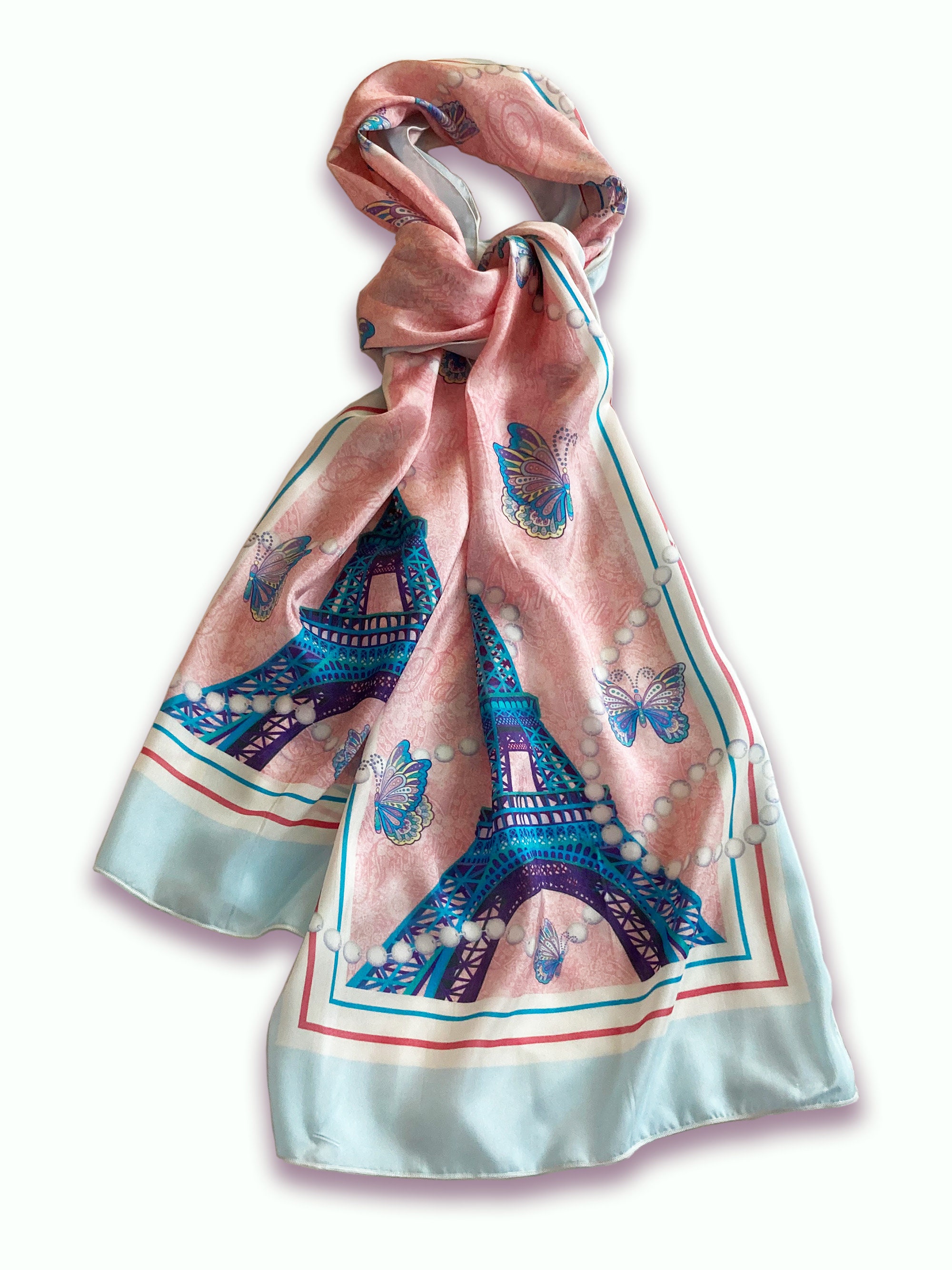 Pure Silk Paris Eiffel Tower Lace & Pearls 72” Long Scarf by