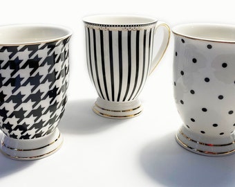 Tall Latte Black and White Fine Porcelain Mug Available in Dots and Herringbone Checks - Modern Design with Hand Painted Gold Trim