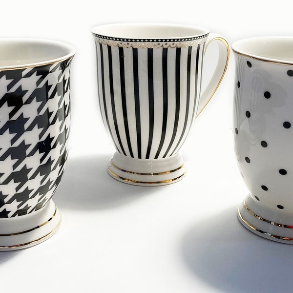 Tall Latte Black and White Fine Porcelain Mug Available in Stripes, Dots and Herringbone Checks - Modern Design with Hand Painted Gold Trim
