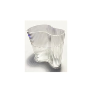 Handblown Clear Ribbed Glass Vase: Curvy Footprint Shape for Centerpieces 8 Inches Tall by 7.25 Inches Wide