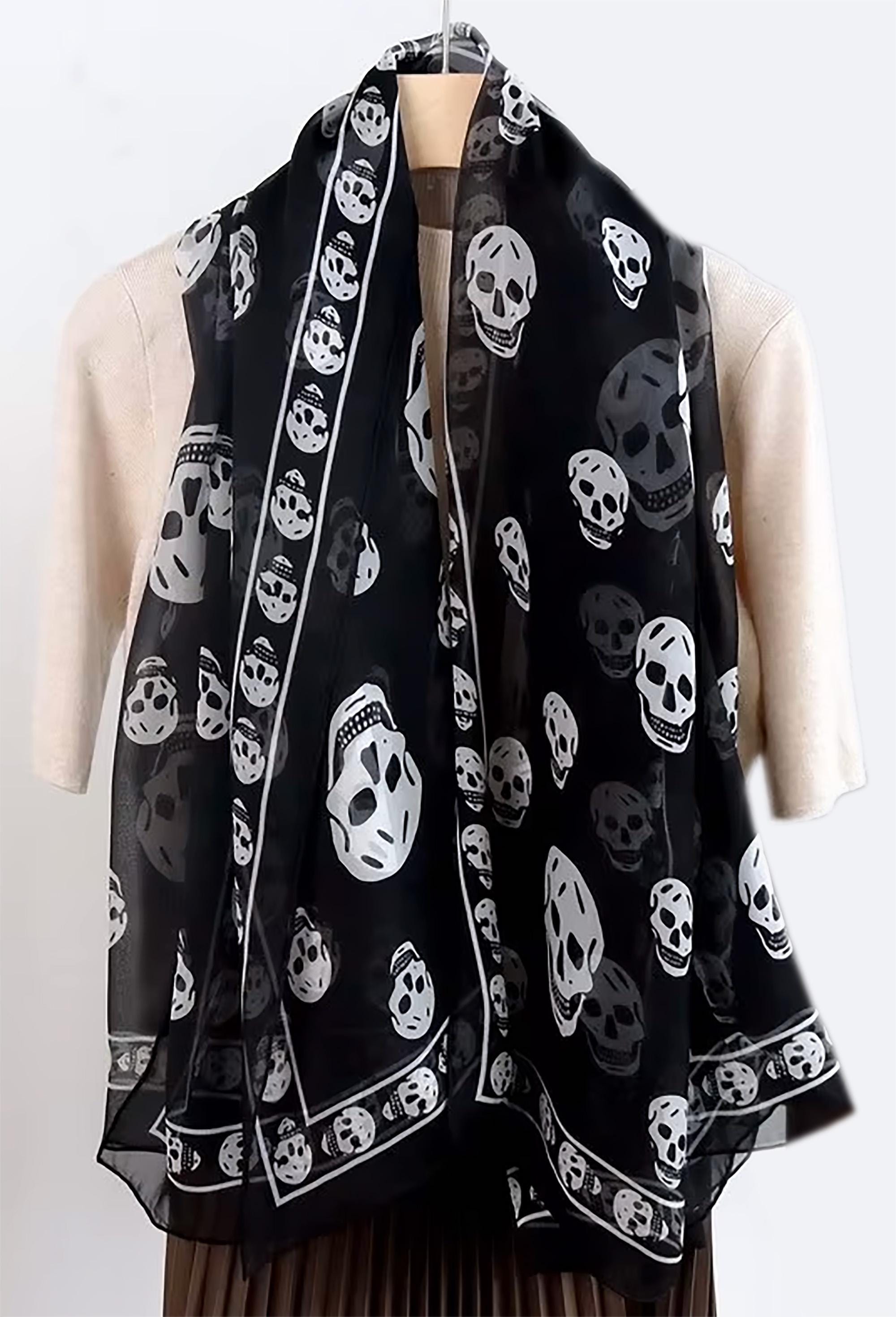 Silk Chiffon Skull Scarf: Gothic Black & White Accessory 26” Wide