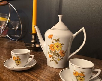 70s Trio Porcelain Pozzani Tea or Coffee Set Floral Mid-Century Modern Teapot with 2 Cups & Saucers