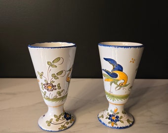 Handmade and Handpainted French Moustiers goblet/vases Rooster and Floral Motif