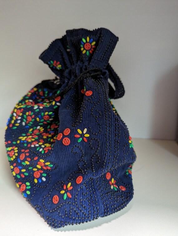 1970s Corduroy Peacock Button  Drawstring Purse - image 8