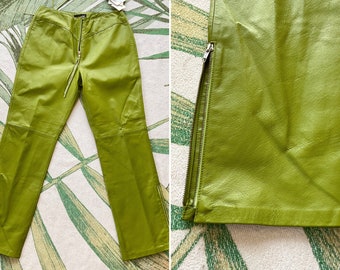 Chartreuse Leather Pants | Genuine Leather | Zippers Early 2000's Look Y2K Style