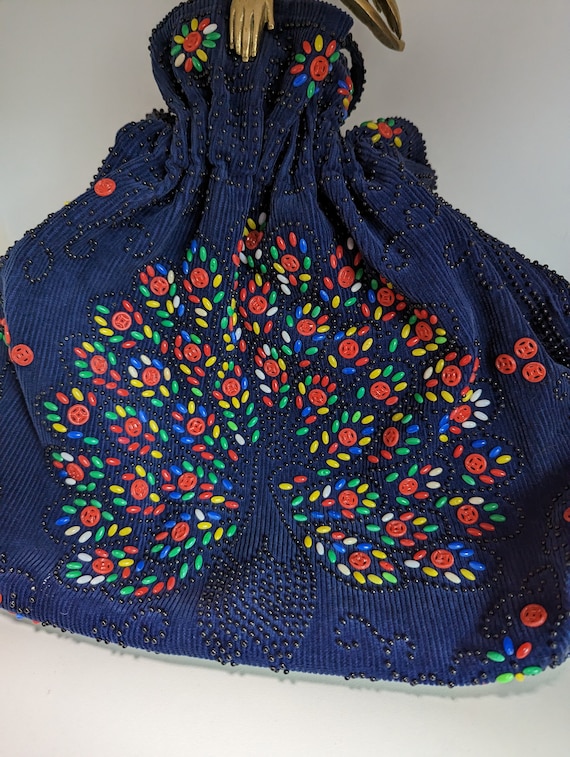 1970s Corduroy Peacock Button  Drawstring Purse - image 1