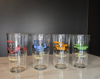 Set of 4 Vintage Water Glasses with Classic Automobiles