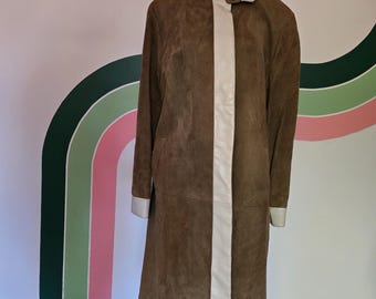 Vintage 1960s Suede Jacket with White Leather Trim | Long Brown Suede Coat, Size M