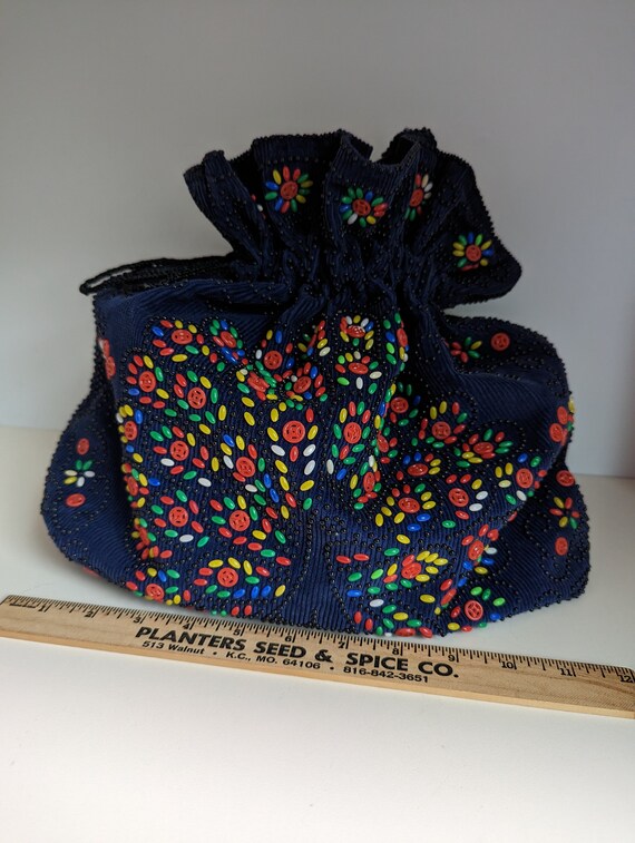 1970s Corduroy Peacock Button  Drawstring Purse - image 7