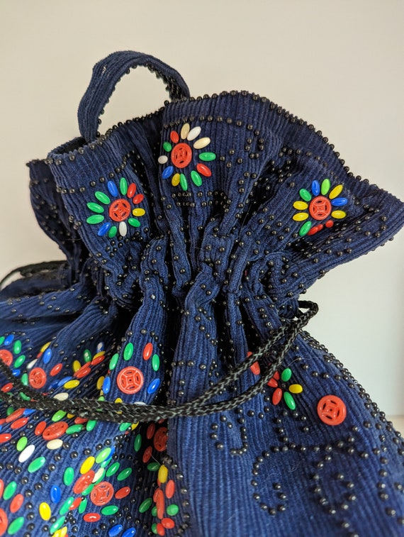 1970s Corduroy Peacock Button  Drawstring Purse - image 3