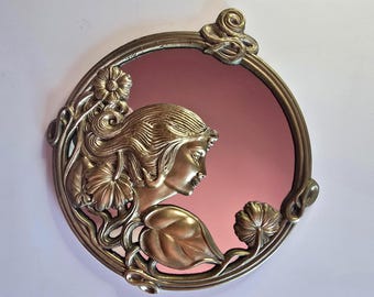 Art nouveau gegoten messing portret wandspiegel