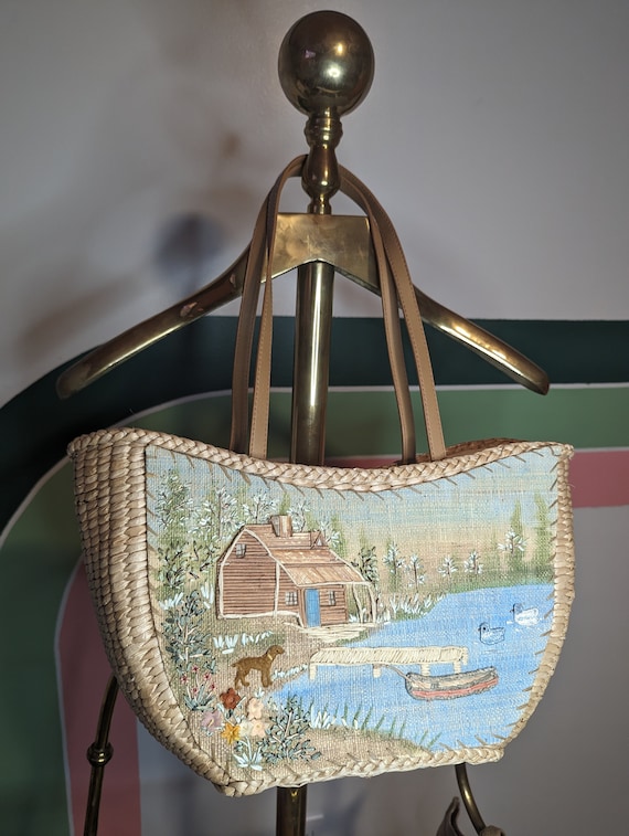 Vintage Cappelli Red Leather and Woven Straw Shoulder Bag Purse