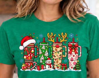 Christmas Coffee Cup Shirt with Santa, Snowman and Gingerbread Mugs