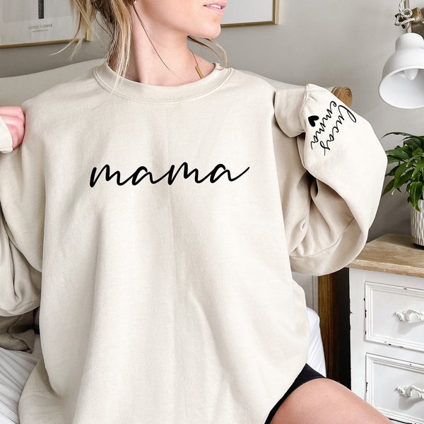 Custom Mama Sweatshirt with Children Name on Sleeve, Personalized Mom Sweatshirt, Minimalist Mama Sweatshirt, Christmas Gift Hoodie for Mom