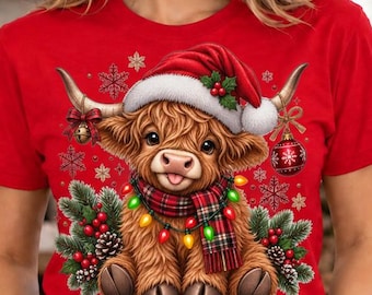 Highland Cow Christmas Shirt, Festive Santa Cow Graphic Tee for Cow Lovers