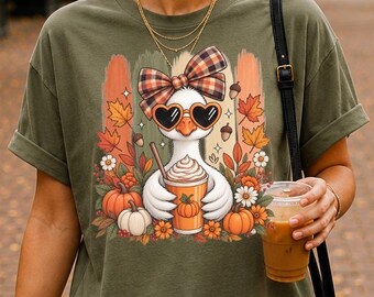 Fall Goose Shirt with Pumpkin Spice Latte, Plaid Bow and Heart-Shaped Sunglasses