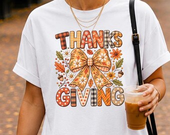 Thanksgiving Shirt with Oversized Coquette Bow and Floral Patchwork Details
