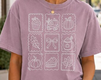 White Pumpkin Postage Stamp Shirt with Coquette Bow Illustrations